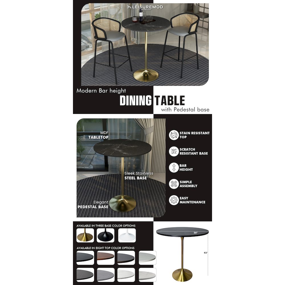 Bar Height Table Brushed Gold Base with 36" Round Black Marbelized MDF Top. Picture 12