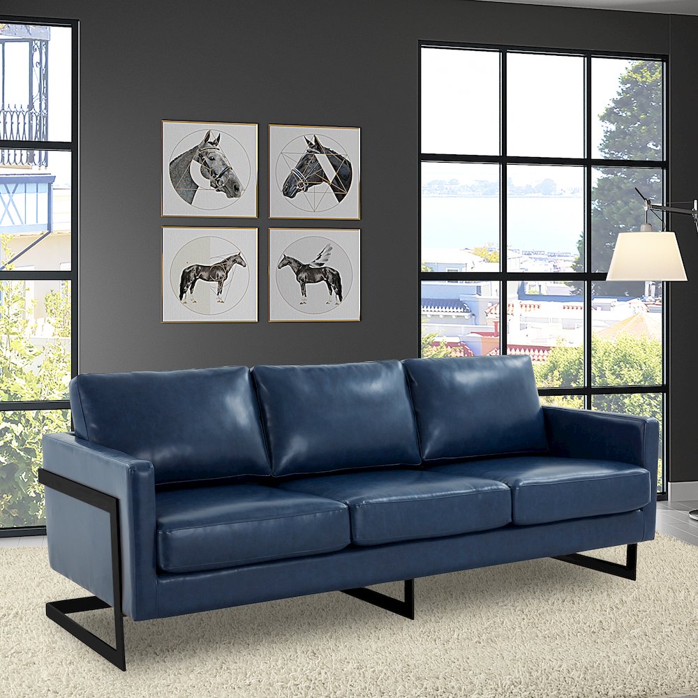 Lincoln Blue Leather Sofa With Black Frame. Picture 9