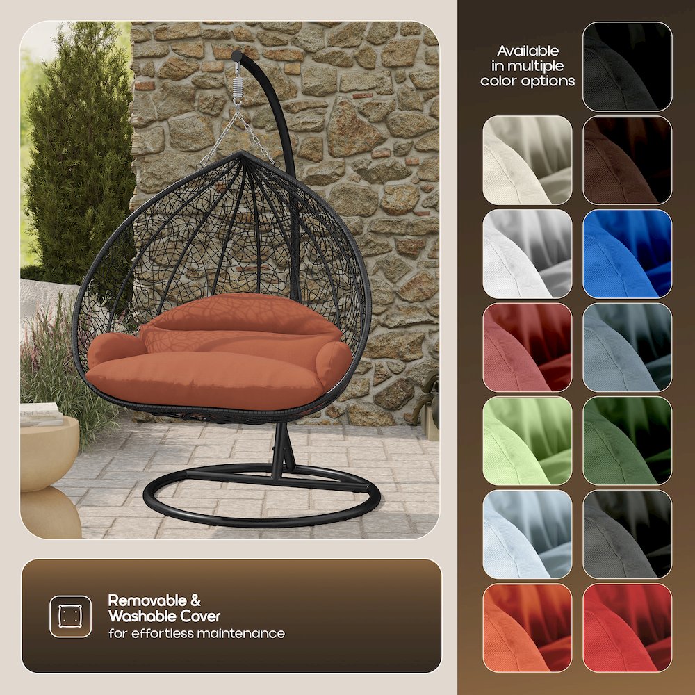 Recluse Collection Modern Outdoor Swing Chair Black Frame with Orange Cushion. Picture 5