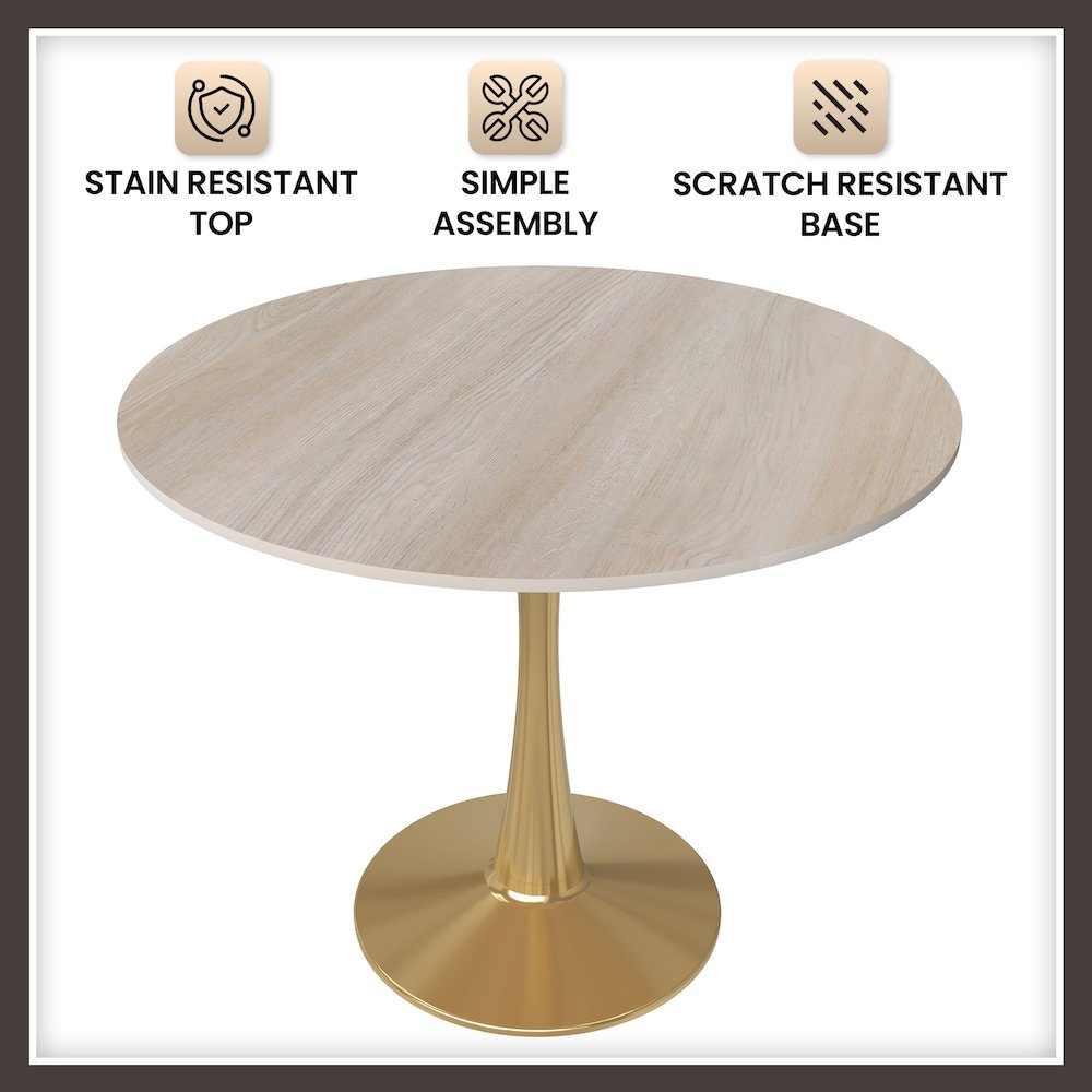Bristol 31" Round Dining Table Gold Base with Sintered Stone Natural Wood Top. Picture 4