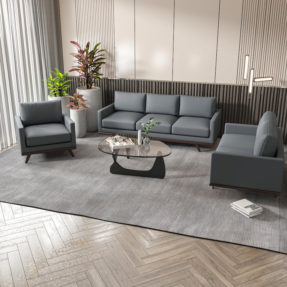 Chester 3-Piece Leather Living Room Sofa Set with Birch Wood Base Grey. Picture 8