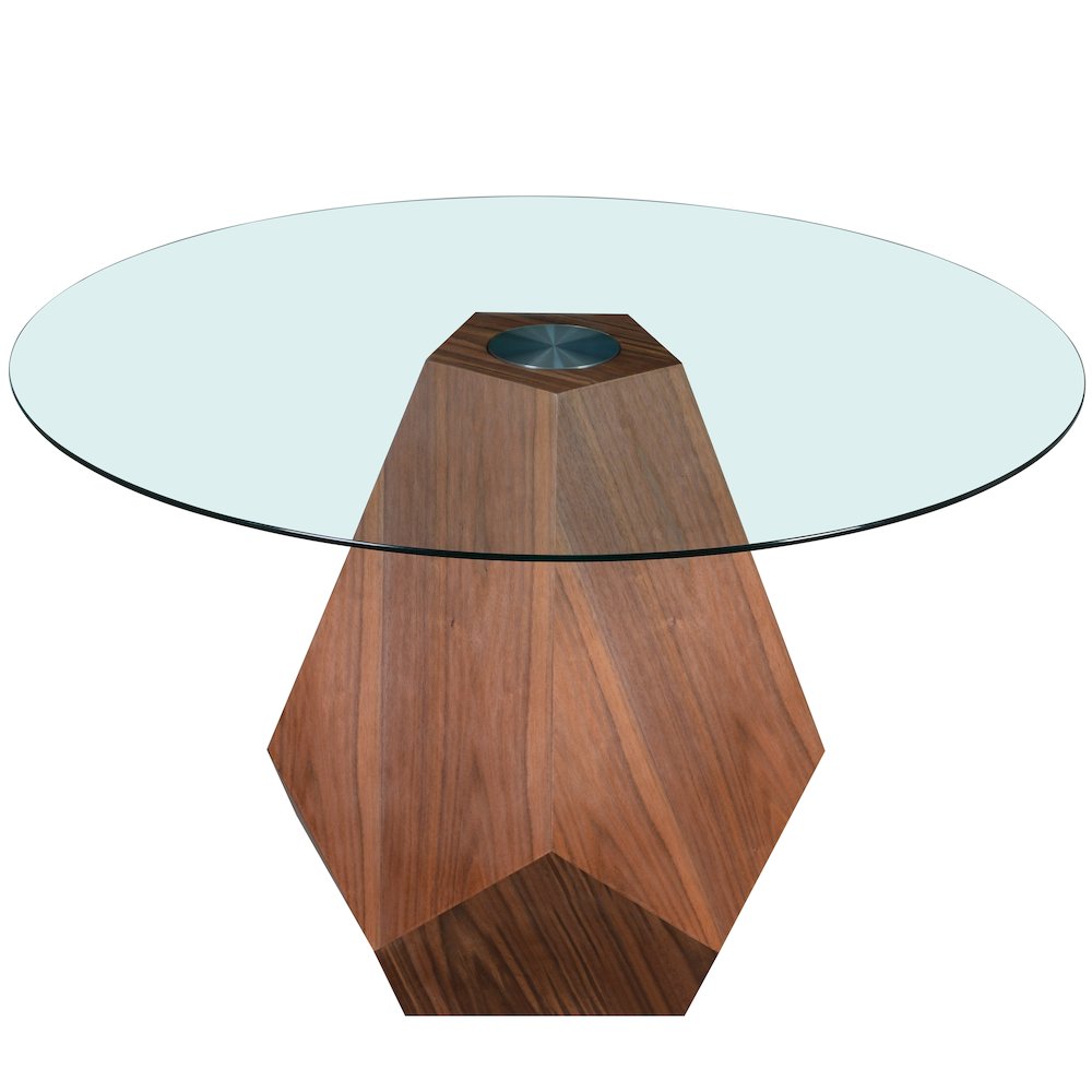 Nebo Modern Dining Table in Walnut Base with Clear Glass Top. Picture 1