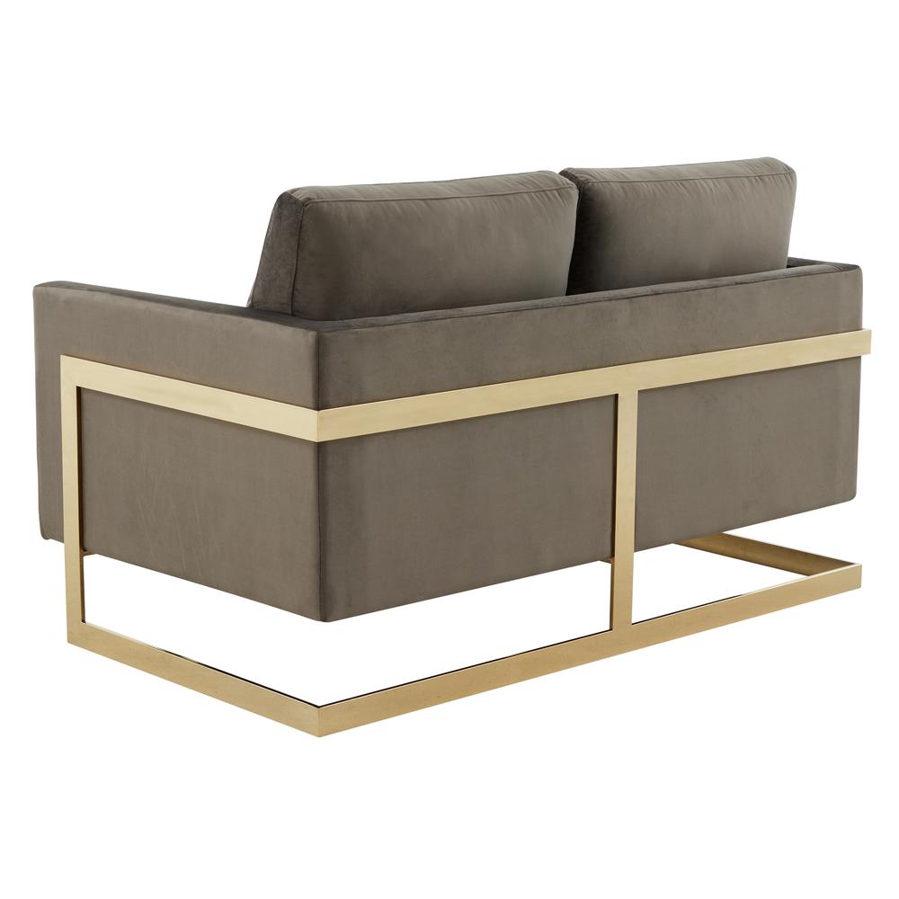 LeisureMod Lincoln Modern Mid-Century Upholstered Velvet Loveseat with Gold Frame, Dark Grey. Picture 4