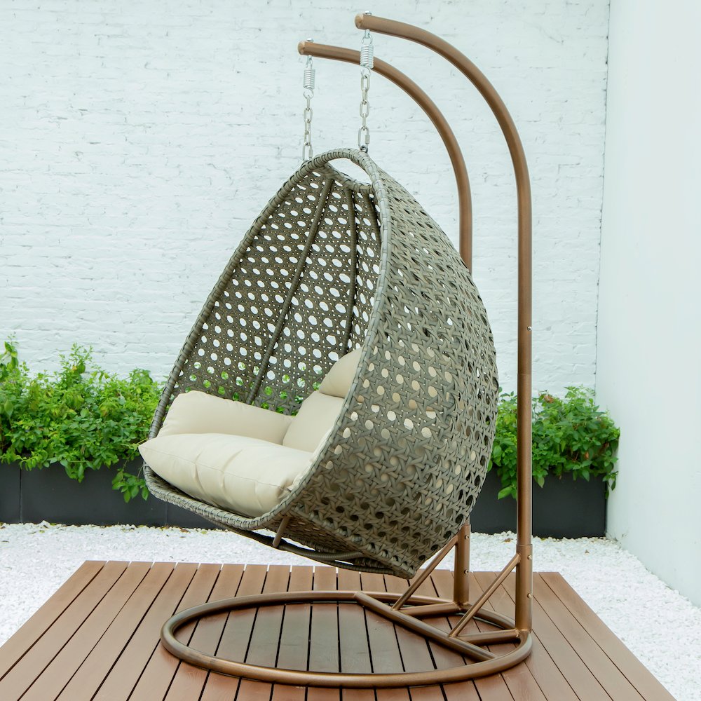 Beige Wicker Hanging 2 person Egg Swing Chair. Picture 5