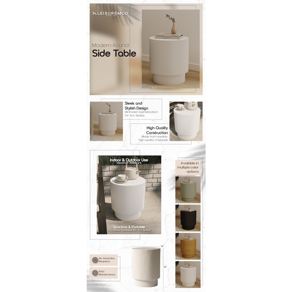 Eden Collection Fiberglass Outdoor Side Table in White. Picture 43