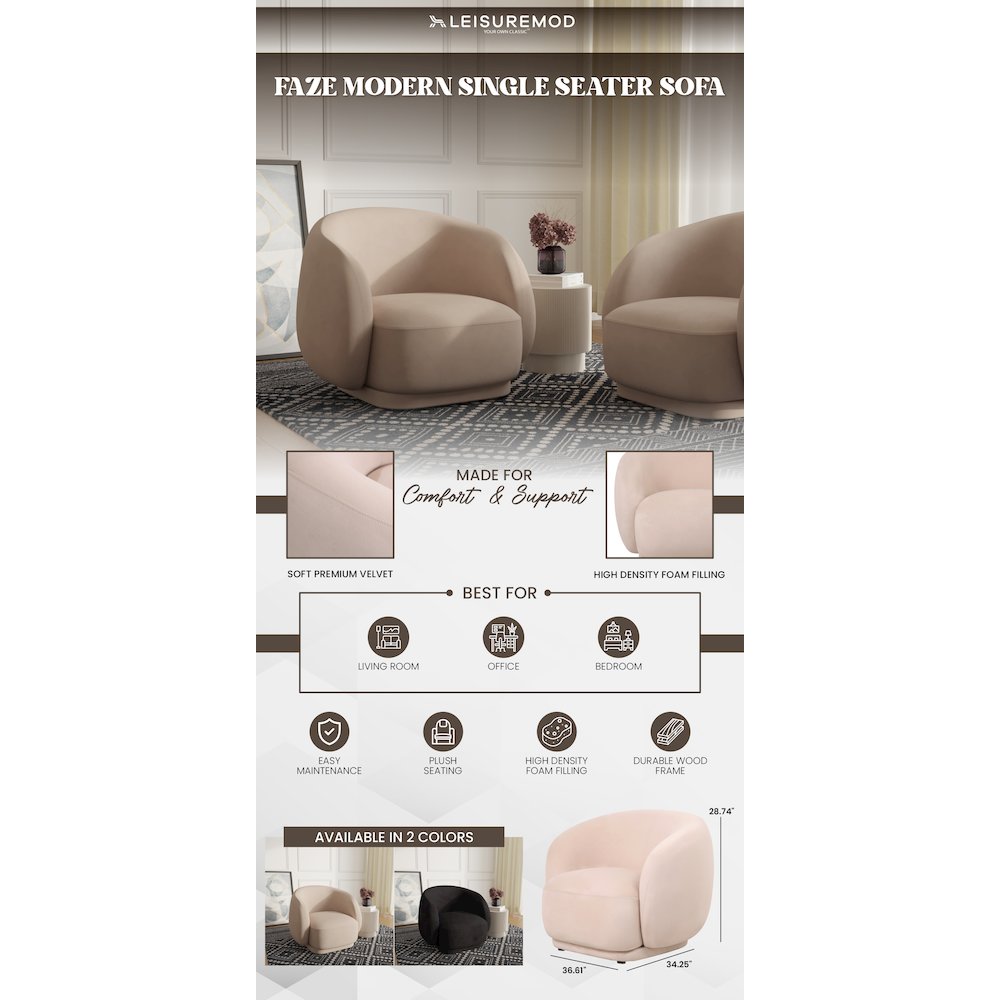 Faze Collection Modern Single Seater Sofa in Beige Velvet. Picture 12