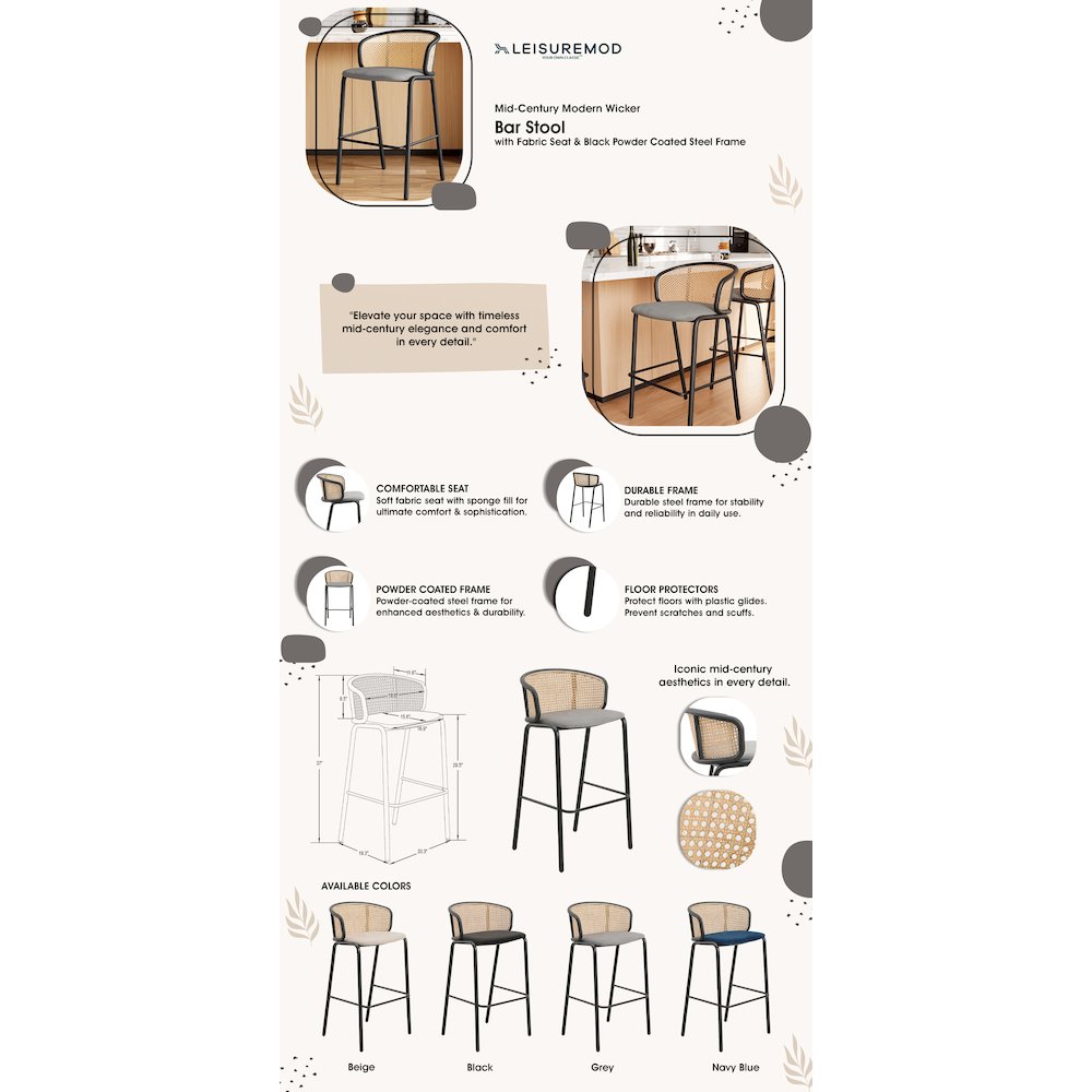 Ervilla Mid-Century Modern Wicker Bar Stool in Grey. Picture 14