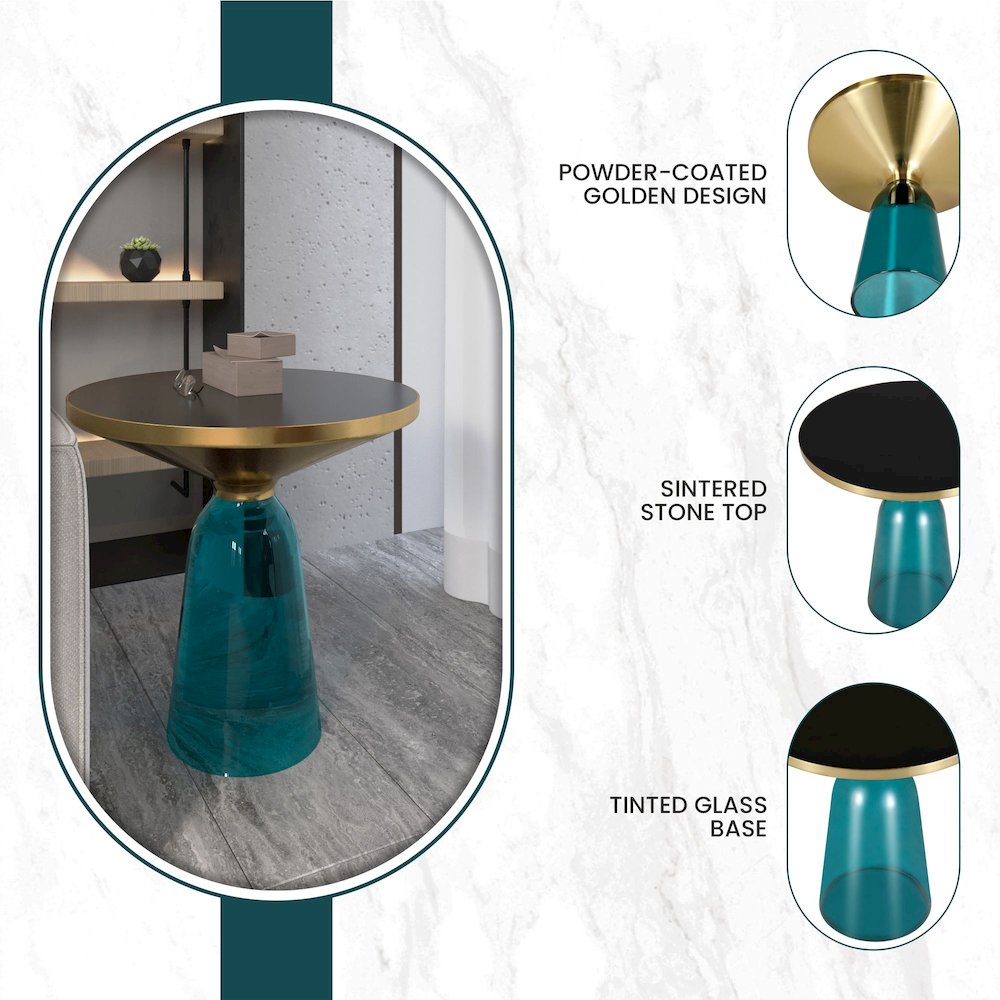 Tully Collection Glass side Table Blue glass, Gold Rim with Black Glass top. Picture 23