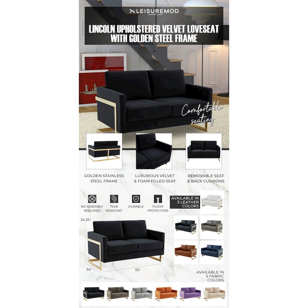 Lincoln Modern Mid-Century Upholstered Velvet Loveseat with Gold Frame. Picture 16