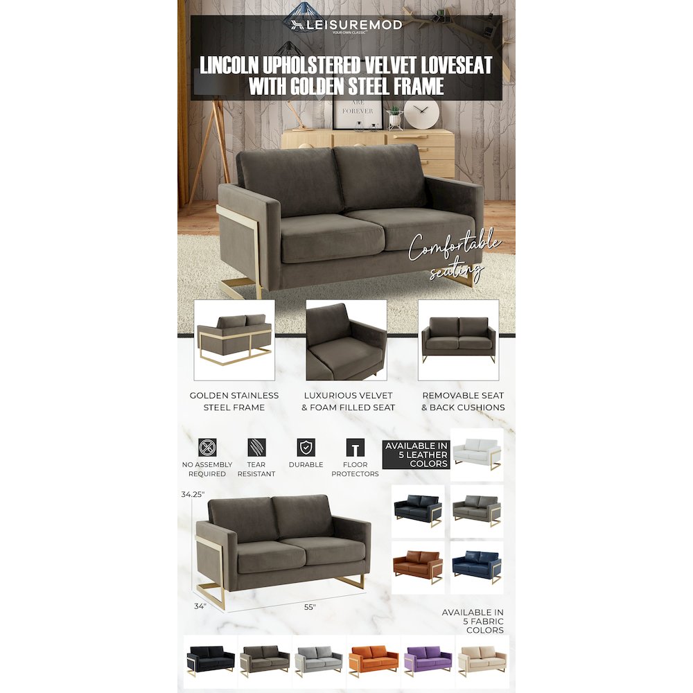 Lincoln Modern Mid-Century Upholstered Velvet Loveseat with Gold Frame. Picture 13