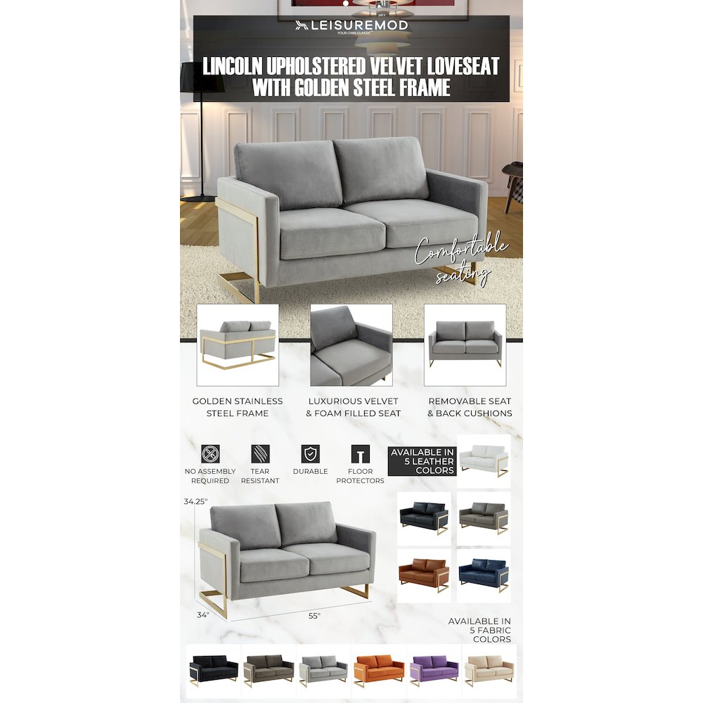 Lincoln Modern Mid-Century Upholstered Velvet Loveseat with Gold Frame. Picture 14