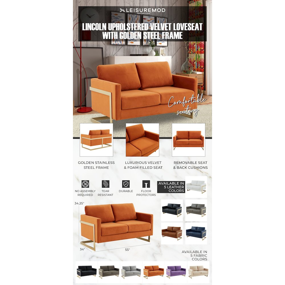 Lincoln Modern Mid-Century Upholstered Velvet Loveseat with Gold Frame. Picture 14
