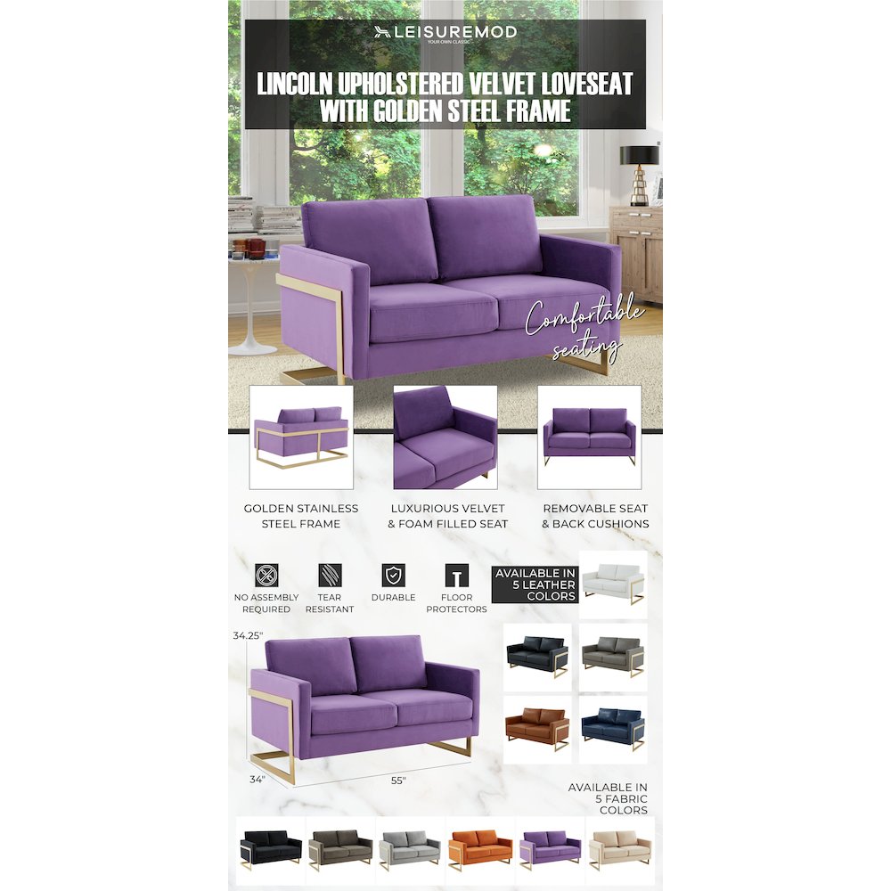 Lincoln Modern Mid-Century Upholstered Velvet Loveseat with Gold Frame. Picture 14