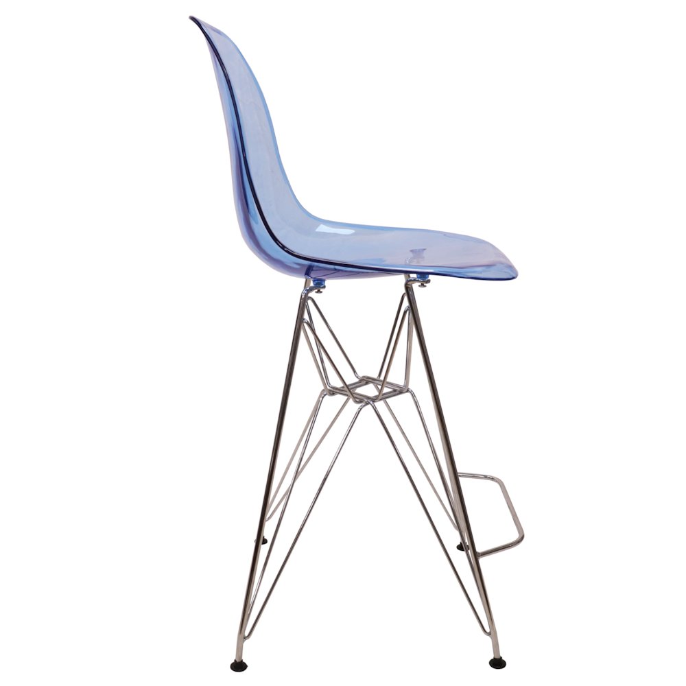 Cresco Modern Acrylic Barstool with Chrome Base and Footrest in Transparent Blue. Picture 11