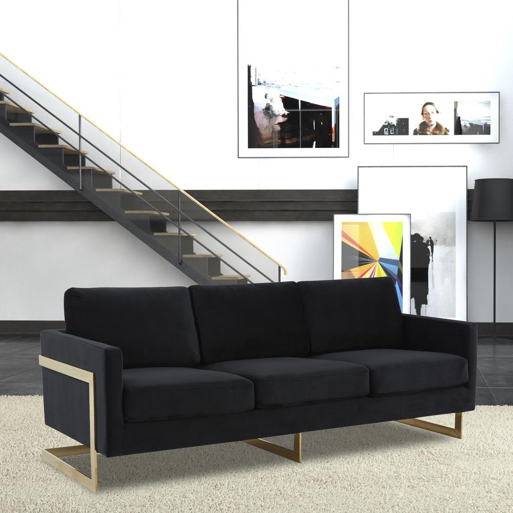 LeisureMod Lincoln Modern Mid-Century Upholstered Velvet Sofa with Gold Frame - Midnight Black. Picture 2