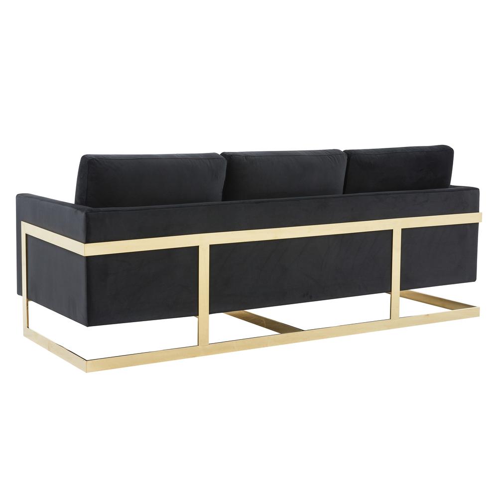 LeisureMod Lincoln Modern Mid-Century Upholstered Velvet Sofa with Gold Frame - Midnight Black. Picture 10