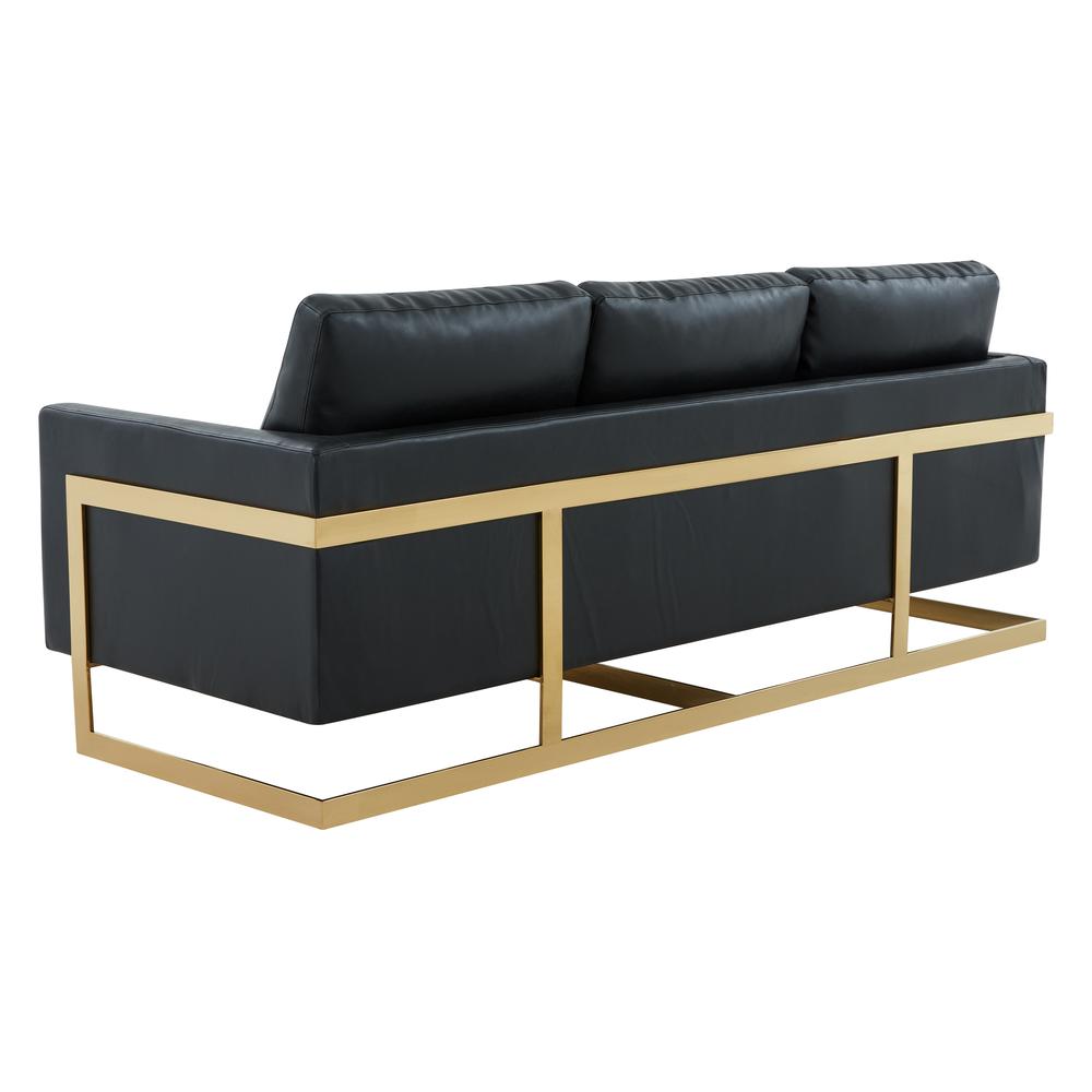LeisureMod Lincoln Modern Mid-Century Upholstered Velvet Sofa with Gold Frame - Midnight Black. Picture 14