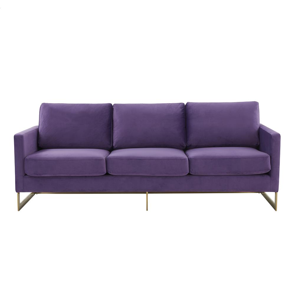 LeisureMod Lincoln Modern Mid-Century Upholstered Velvet Sofa with Gold Frame - Purple. Picture 3