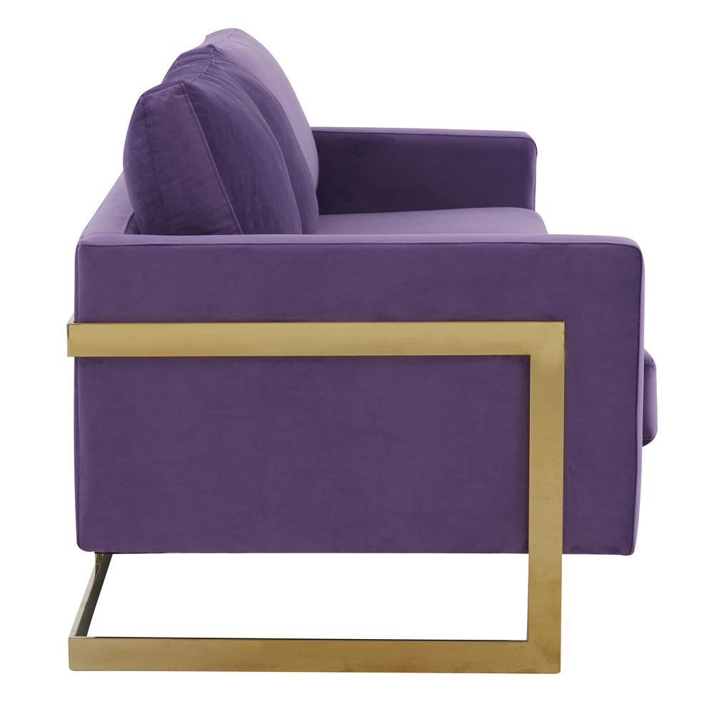 LeisureMod Lincoln Modern Mid-Century Upholstered Velvet Sofa with Gold Frame - Purple. Picture 5