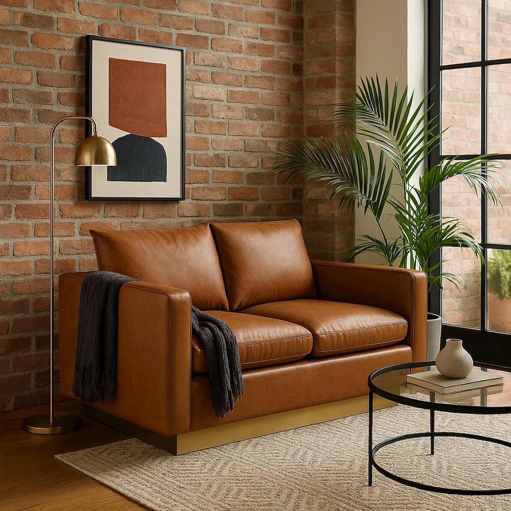 Nervo Modern Mid-Century Upholstered Leather Loveseat with Gold Frame. Picture 12