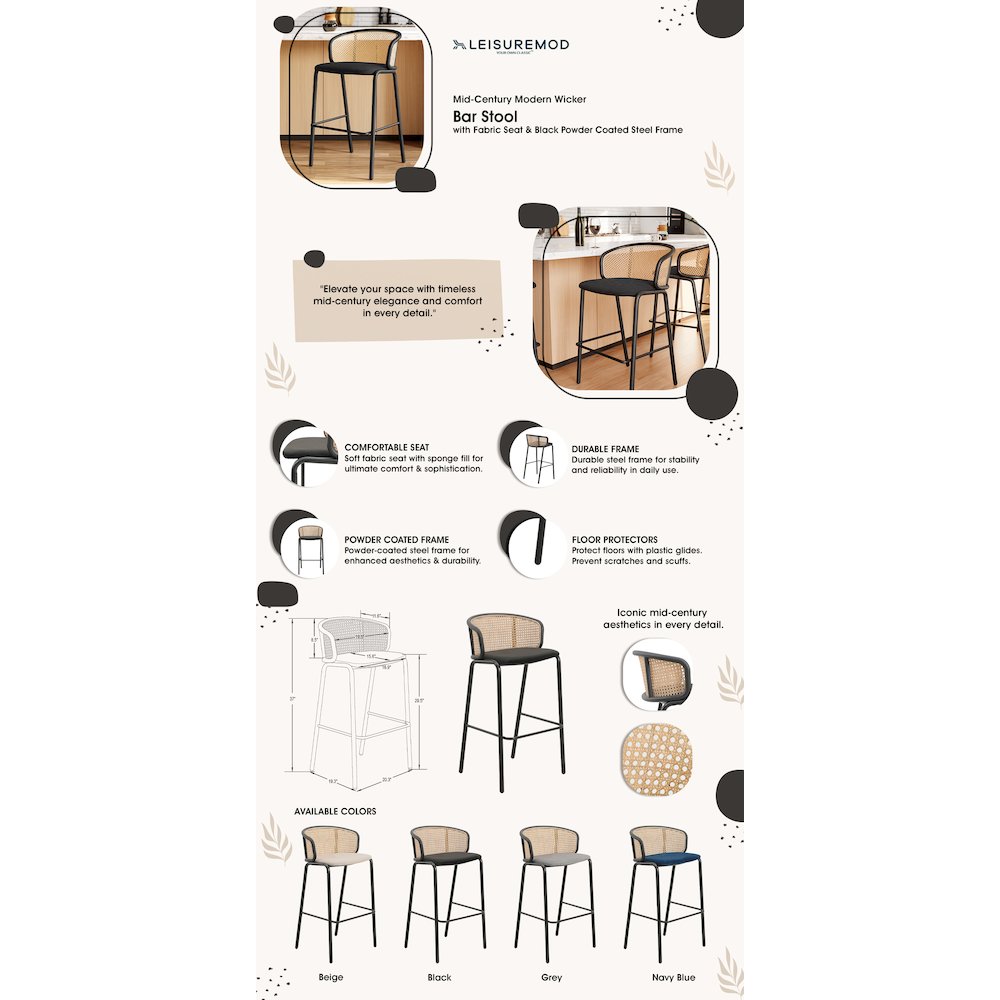 Ervilla Mid-Century Modern Wicker Bar Stool in Black. Picture 26