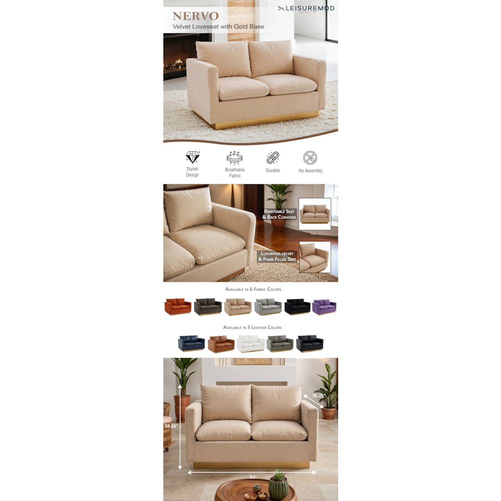 Nervo Modern Mid-Century Upholstered Velvet Loveseat with Gold Frame. Picture 29