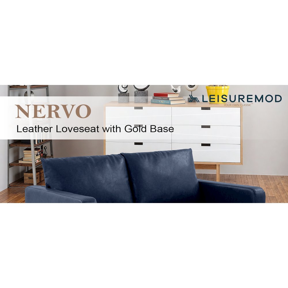 Nervo Modern Mid-Century Upholstered Leather Loveseat with Gold Frame. Picture 13