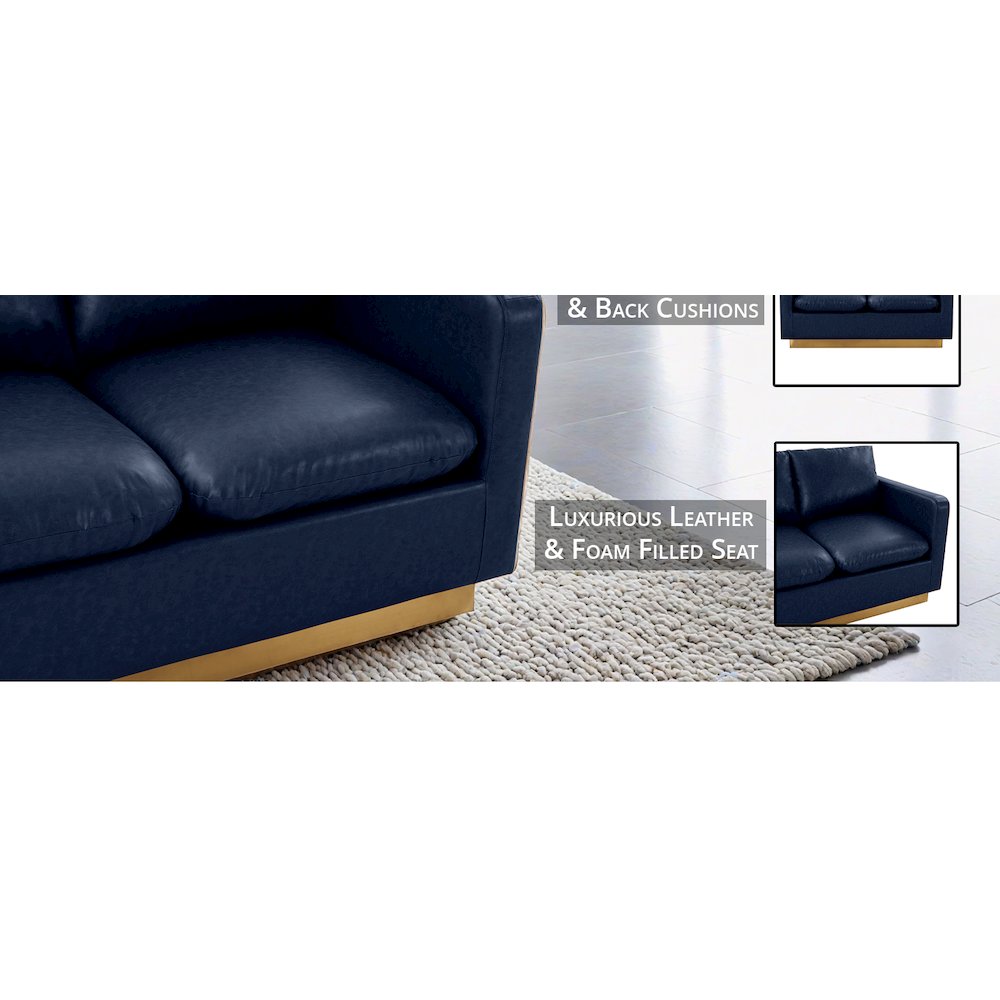 Nervo Modern Mid-Century Upholstered Leather Loveseat with Gold Frame. Picture 15