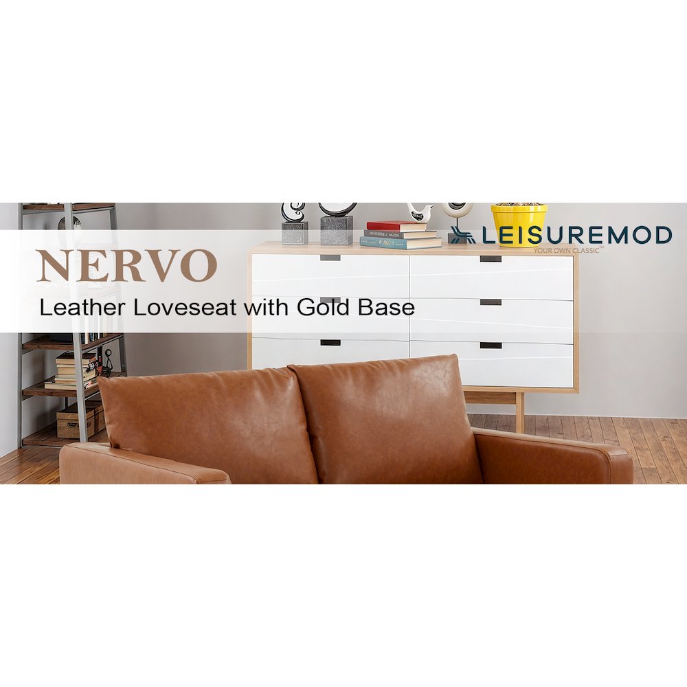 Nervo Modern Mid-Century Upholstered Leather Loveseat with Gold Frame. Picture 16