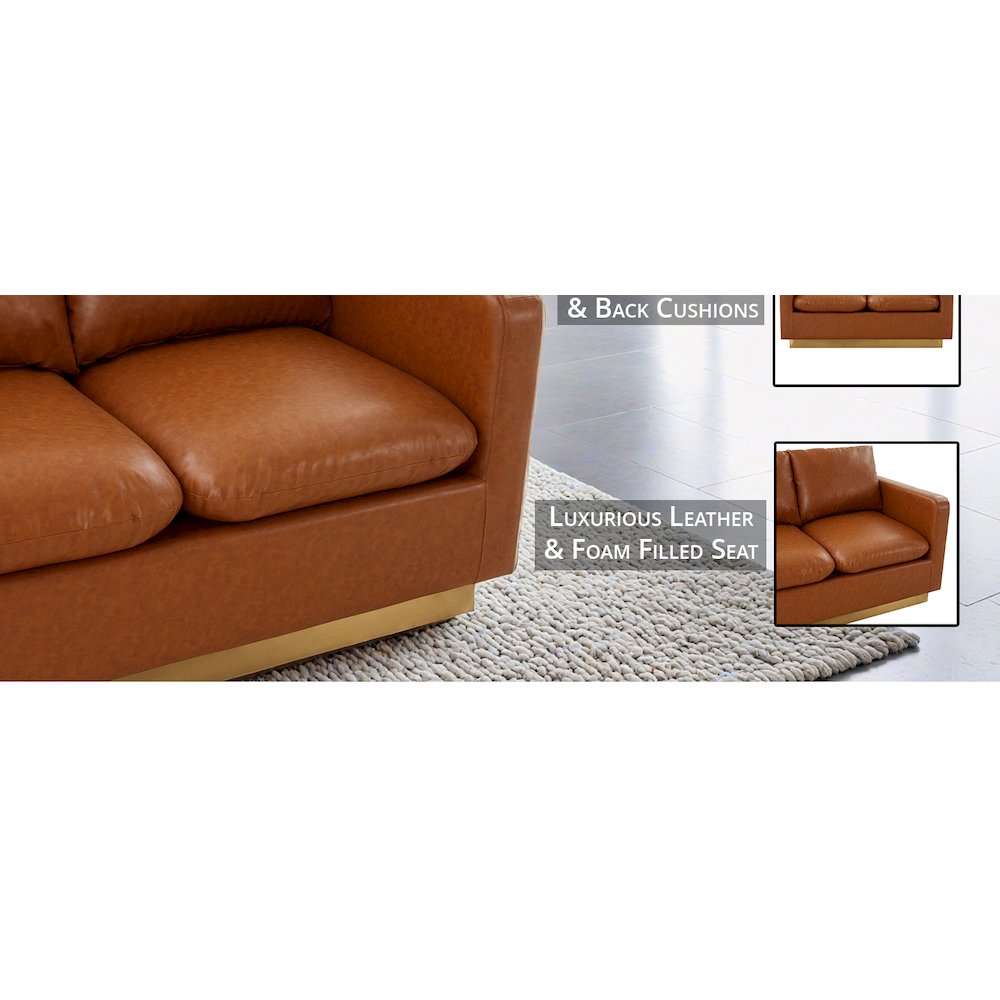 Nervo Modern Mid-Century Upholstered Leather Loveseat with Gold Frame. Picture 22