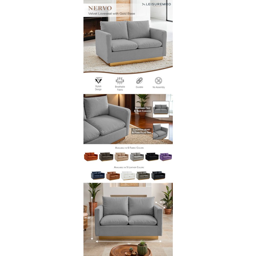 Nervo Modern Mid-Century Upholstered Velvet Loveseat with Gold Frame. Picture 9