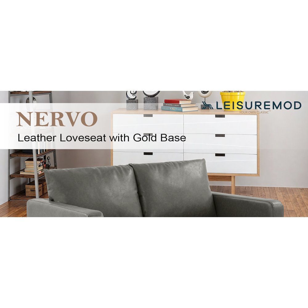 Nervo Modern Mid-Century Upholstered Leather Loveseat with Gold Frame. Picture 11