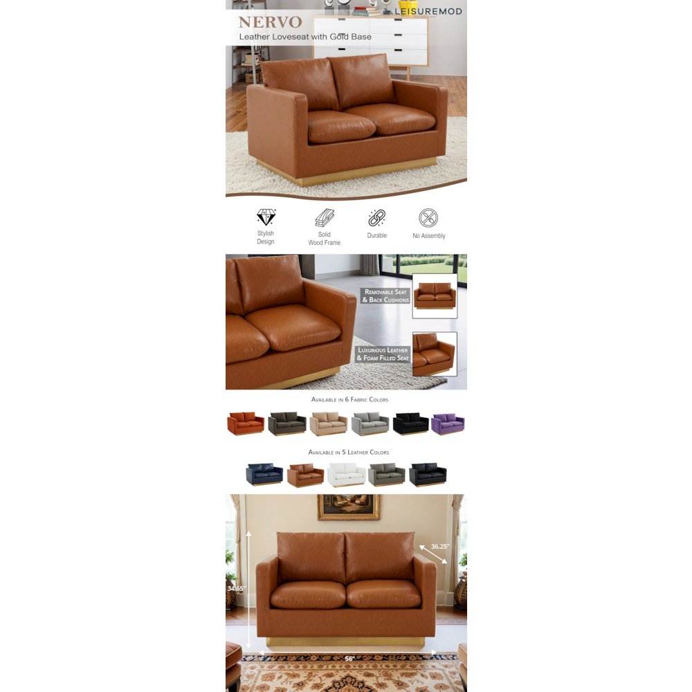 Nervo Modern Mid-Century Upholstered Leather Loveseat with Gold Frame. Picture 14