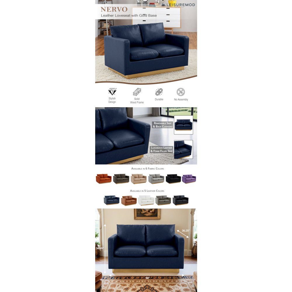 Nervo Modern Mid-Century Upholstered Leather Loveseat with Gold Frame. Picture 9