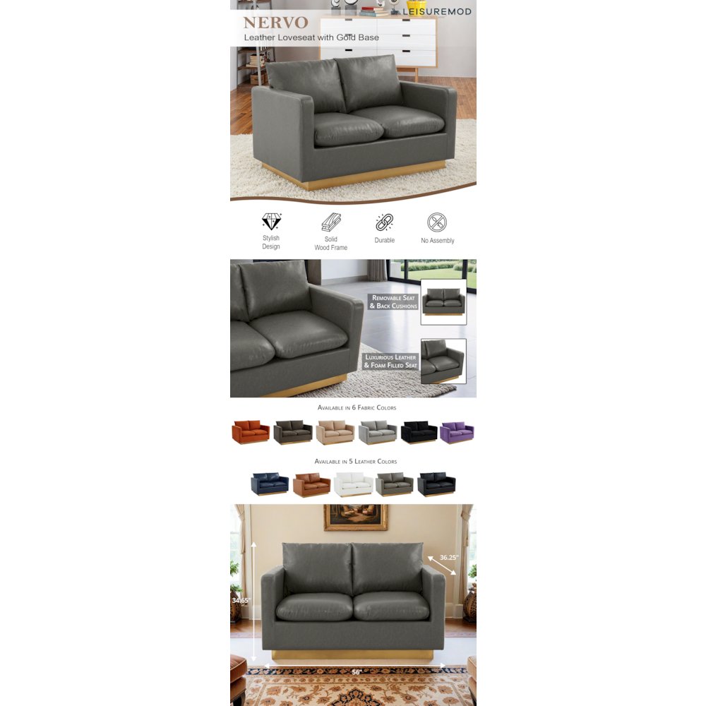 Nervo Modern Mid-Century Upholstered Leather Loveseat with Gold Frame. Picture 16