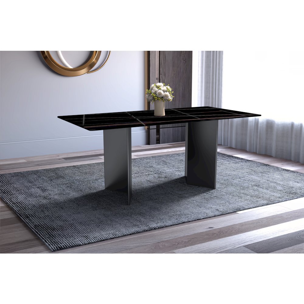 Dining Table Black Stainless Steel Base, With 62 Black/Gold Sintered Stone Top. Picture 2