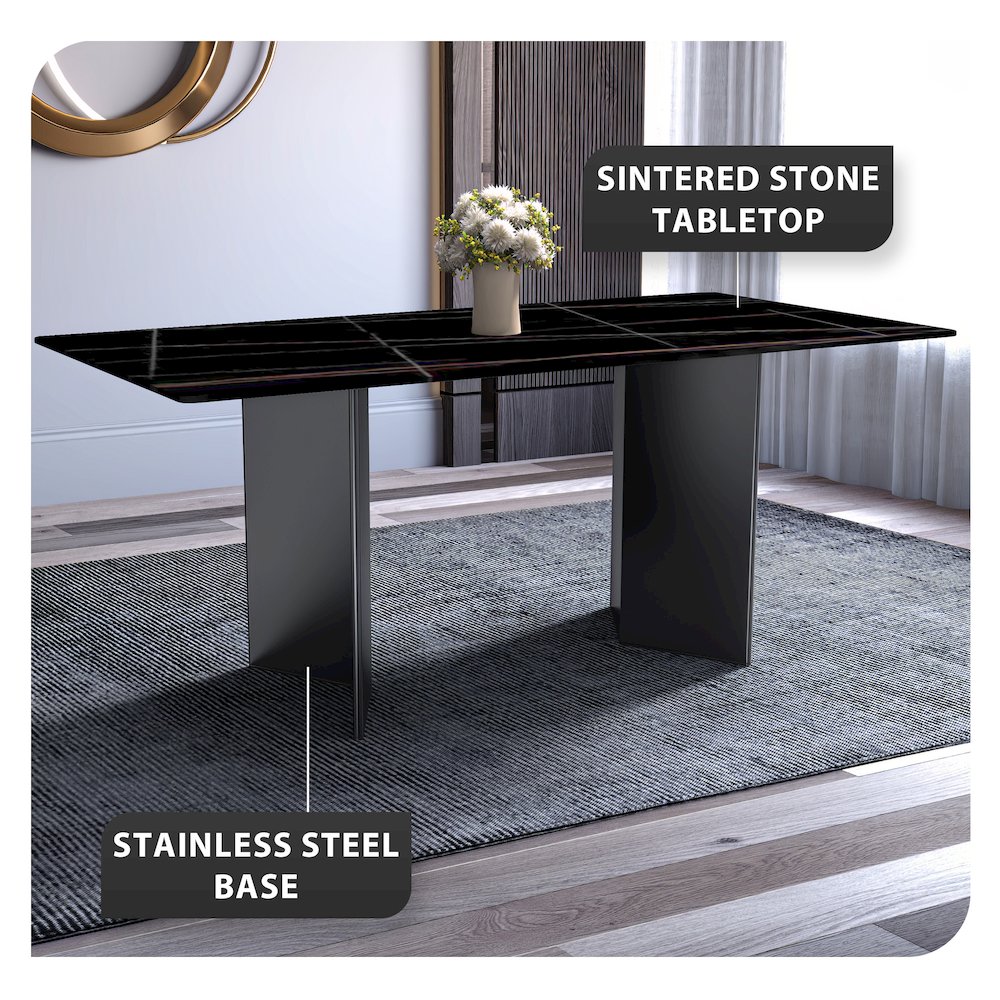 Dining Table Black Stainless Steel Base, With 62 Black/Gold Sintered Stone Top. Picture 4