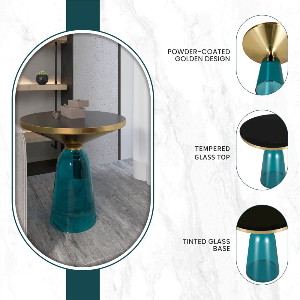 Tully Collection Glass side Table Blue glass, Gold Rim with Black Glass top. Picture 22
