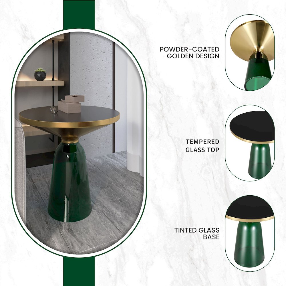 Tully Collection Glass side Table Green glass, Gold Rim with Black Glass top. Picture 23