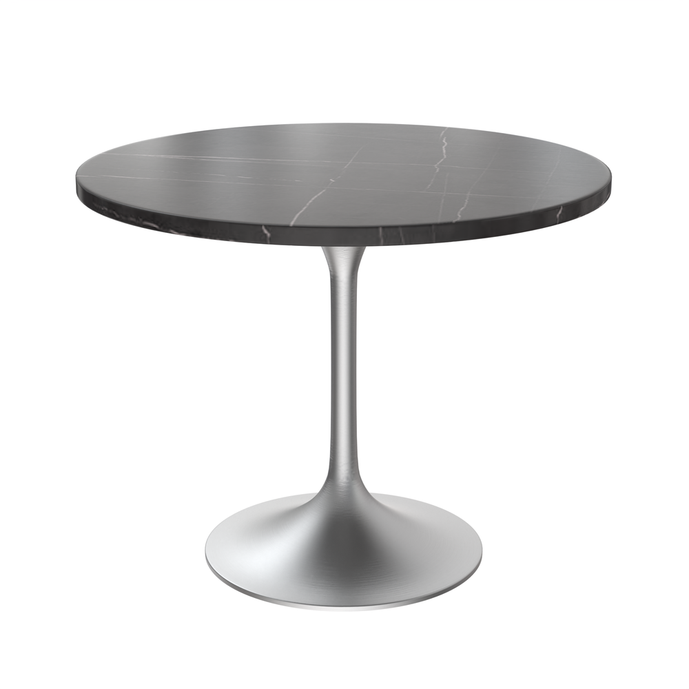 36" Round Dining Table, Brushed Chrome Base with Sintered Stone Black Top. Picture 1