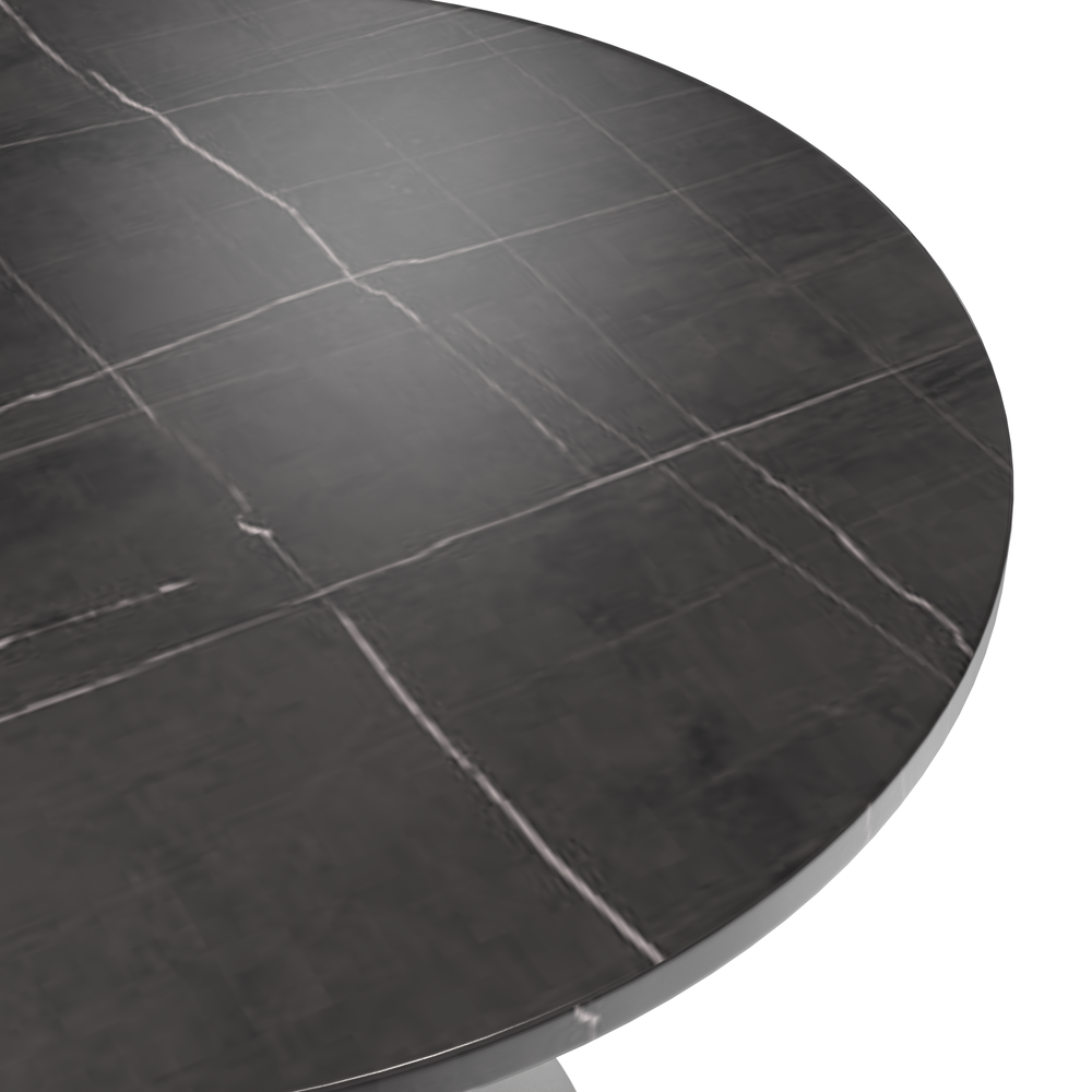 36" Round Dining Table, Brushed Chrome Base with Sintered Stone Black Top. Picture 3