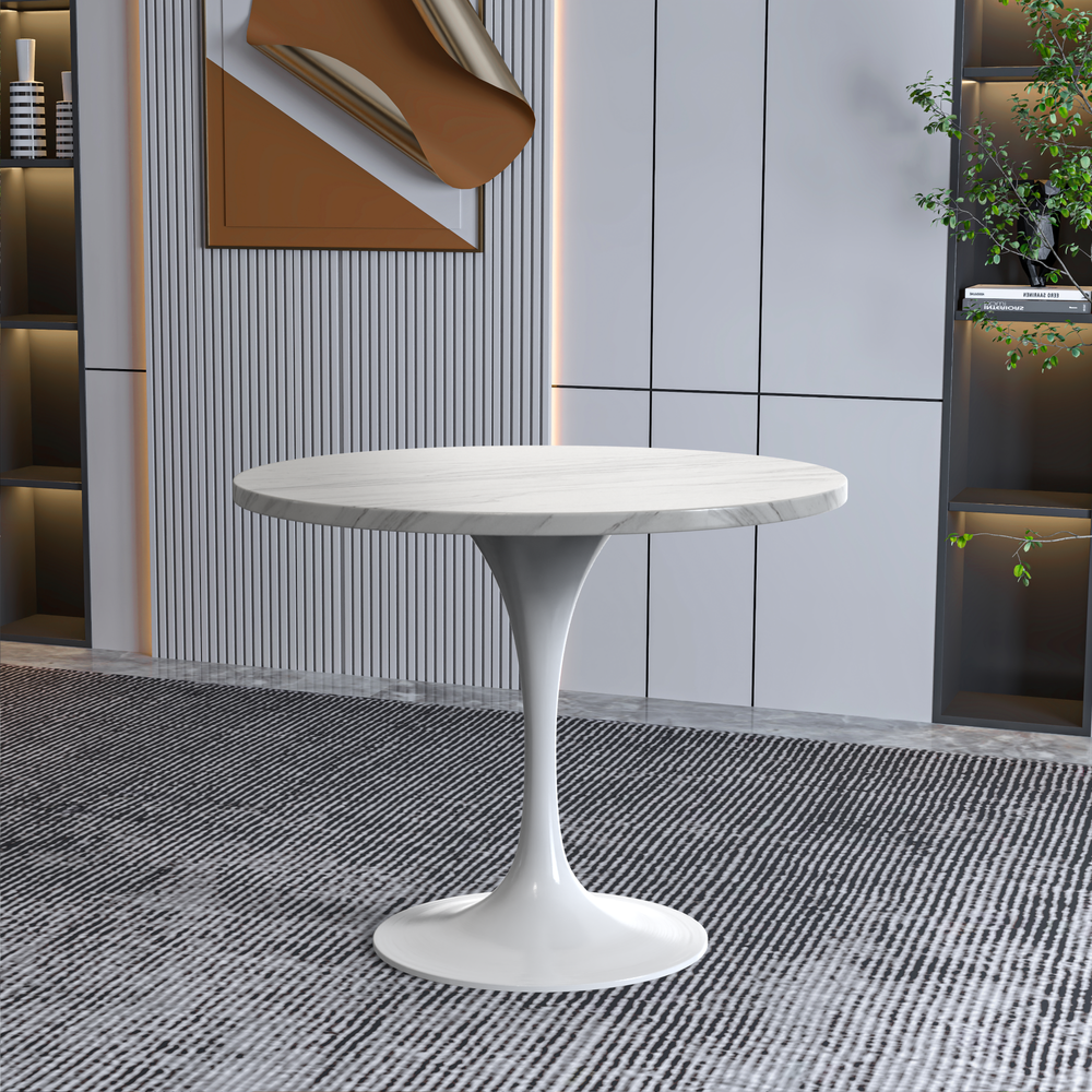 36 Round Dining Table, White Base with Sintered Stone White Top. Picture 4