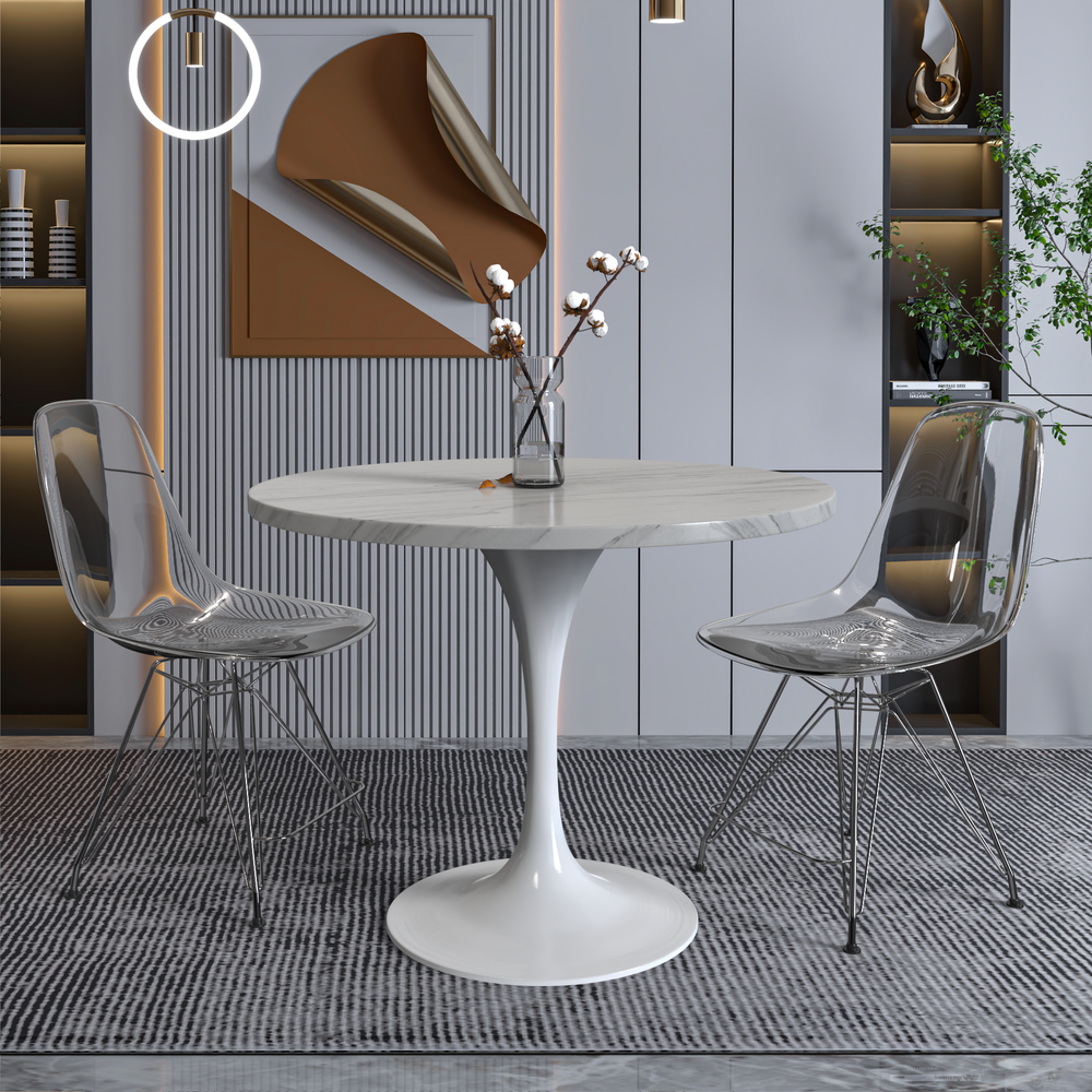 36 Round Dining Table, White Base with Sintered Stone White Top. Picture 5