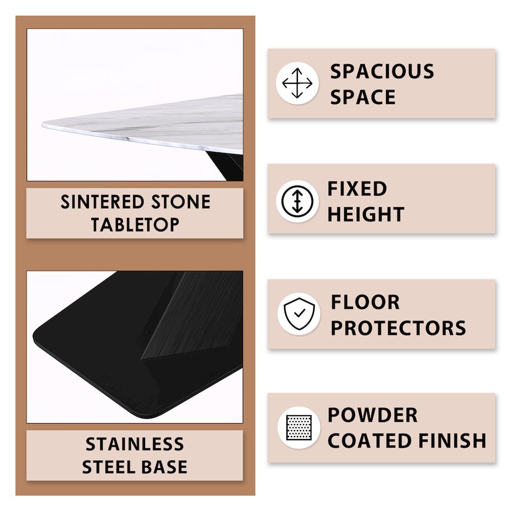 Voren Series Modern Dining Table Black Base, With 55 White Sintered Stone Top. Picture 4