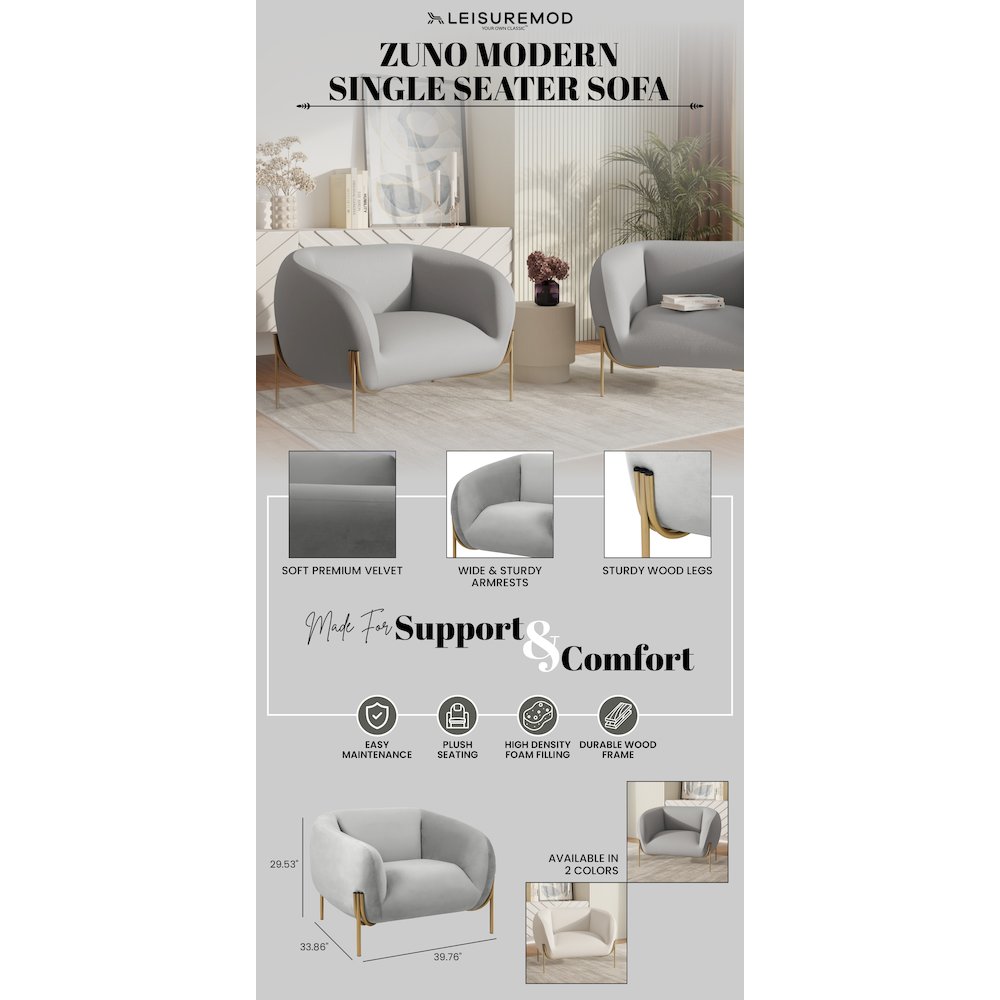 Zuno Collection Modern Single Seater Sofa in Light Grey Velvet. Picture 19