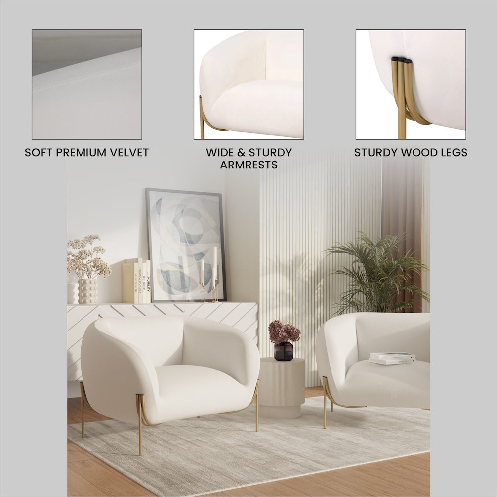 Zuno Collection Modern Single Seater Sofa in White Velvet. Picture 16