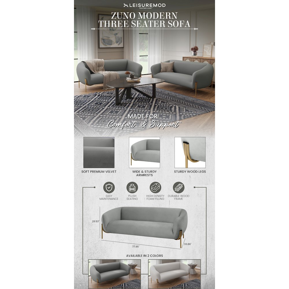 Zuno Three-Seater Sofa Upholstered in Velvet Wide Couch. Picture 21