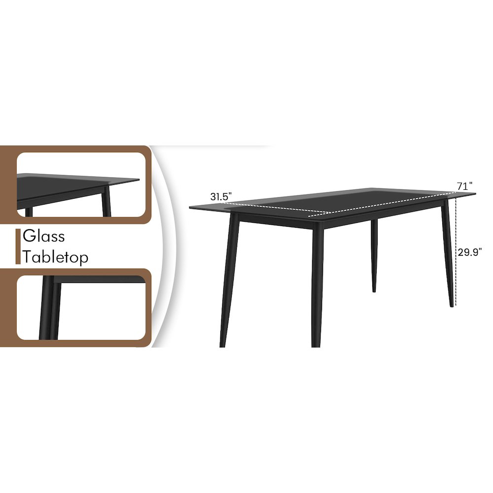 Zayle Series Modern Dining Table Black Base, With 71 Clear Glass Top. Picture 35