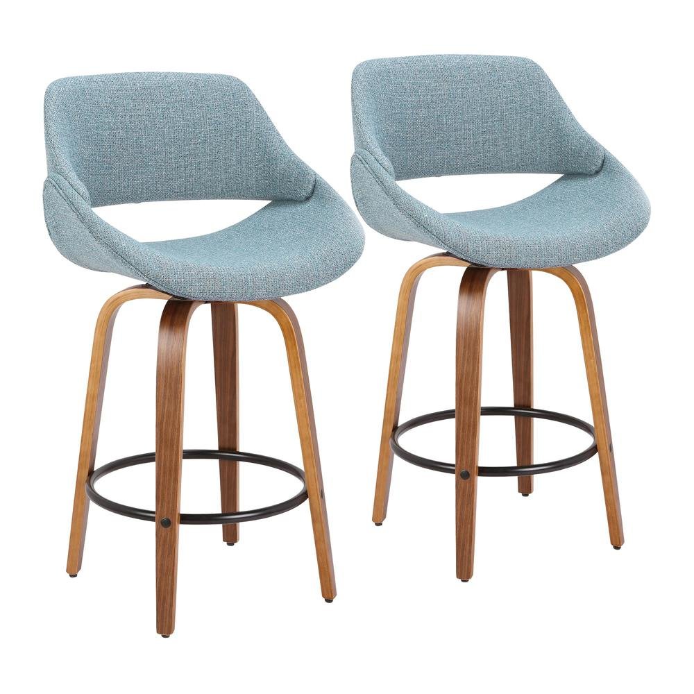 Walnut and Blue Noise Fabric Counter Stools, Mid-Century Modern Style, Set of 2. Picture 1