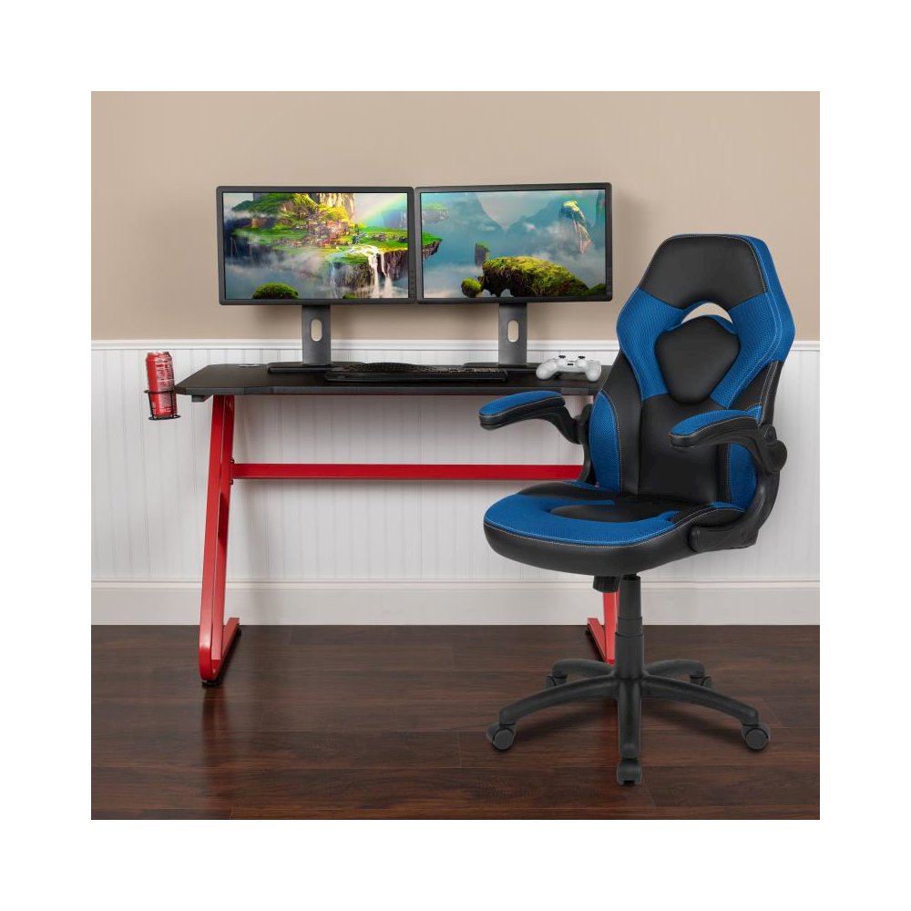 Red Gaming Desk and Blue/Black Racing Chair Set with Cup Holder and Headphone Hook. Picture 2